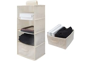 Minnhua Organizador Armario Colgante con 4 Compartimentos, Organizador de Armario con 1 Cajón, Lavable Baldas Armario Interior, Arrumacao Roupeiro para Dormitorio Caravana Camping (Beige)
