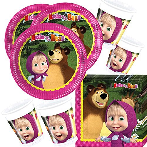 52-teiliges Party-Set Mascha und der Bär - Teller Becher Servietten für 16 Kinder