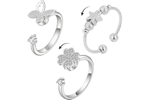 BUKYCAT 3 Piezas Fidget Anillos Anxiety Ring, Anillos Ansiedad de Plata,Anillo Cuentas Ansiedad, Antiestres Plata Anillo, Plata Anillos para Mujer, Hombres Ajustable Anillo, Ansiedad con Cuentas Anillos