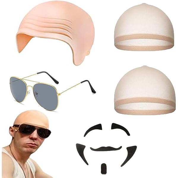 Kit Déguisement Chauve Avec Bonnet Latex, Barbe, Lunettes - 15 Pièces Pour Halloween, Cosplay | Couleur Chair, Ajustable