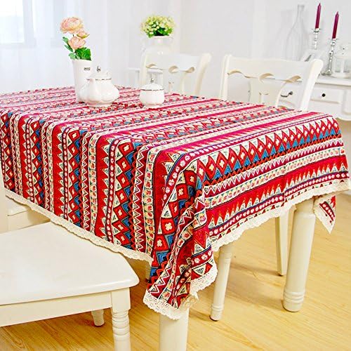quemu Table Cloth Bohemia Mediterranean Style Cotton Linen Lace Retro Colorful Table Cover for Dining Table Birth Party Valentine's Day Gift