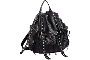 Coolives Punk Bolso Mochila Grande con Remache para Mujer Mochilas Tipo Casual para Adolescente Niña en Cuero de PU Negra