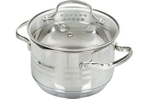 Daniks Tokio Faitout Inox 16 cm 2 L, Casserole avec Couvercle en Verre, Bec Verseur et Égouttage Facile, Tous Feux y Compris Induction, Échelle de Mesure, Argent