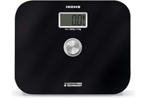 IKOHS CREATE / EXIGES / Báscula de Baño / Ecológica, generación de energía con Pantalla LCD, sin pilas ni baterias, Compacta, Capacidad de 150kg, Medición Alta Precisión, Con Apagado Automático (Negro)