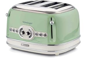Ariete Vintage 4 Slices Toaster 156, Grille-Pain avec 6 Niveaux de Grillage, Éjection Automatique, Fonction Décongélation, Tiroir Ramasse-Miettes Amovible, Corps en Acier Inoxydable, 1600W, Vert