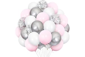 EITOLO Pink Silver Balloons, 30 Pack 12 Inch Pastel Pink White Balloon Metallic Silver Confetti Helium Latex Balloons for Girls Birthday Baby Shower Bridal Proposal Anniversary Wedding Party Decorations