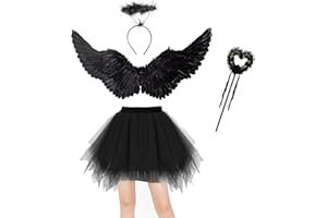 Winwild 4 Stück Engel Kostüm Damen Set 80CM Engelsflügel Schwarz Erwachsenes Engel Teufel Feen Kostüm Tüllrock mit Heiligenschein Zauberstab für Karneval Halloween Cosplay Fasching Verkleidung