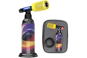 HOSECES Yellow Butane Torch Lighter with Anti-burn Stainless Steel Protective Cover,Refillable Kitchen Butane Gas Blow Torch,Adjustable Flame Guard with Case(Gas Not Included) (Yellow-Stainless Steel)