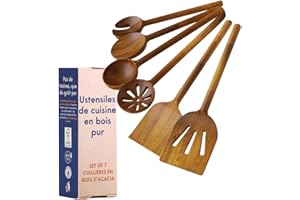 ZIRUMA Lot de 6 ustensiles de cuisine en bois monobloc – Sans colle et cuillères en bois monobloc pour la cuisine, finition végétale, non toxiques et naturels