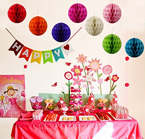 JUSLIN Geburtstag Party Dekoration Banner Wimpelkette und 8 Stück farbige Seidenpapier pompons Blumenball für Geburtstag Party Dekoration - 6