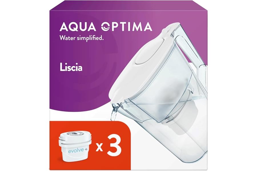 Aqua Optima Liscia Water Filter Jug & 3 Evolve+ Filter Cartridges 2.5L White - Fridge & Dishwasher Friendly, Easy Fill - Reduces Limescale, Chlorine & Other Impurities - By LAICA (Packaging May Vary)