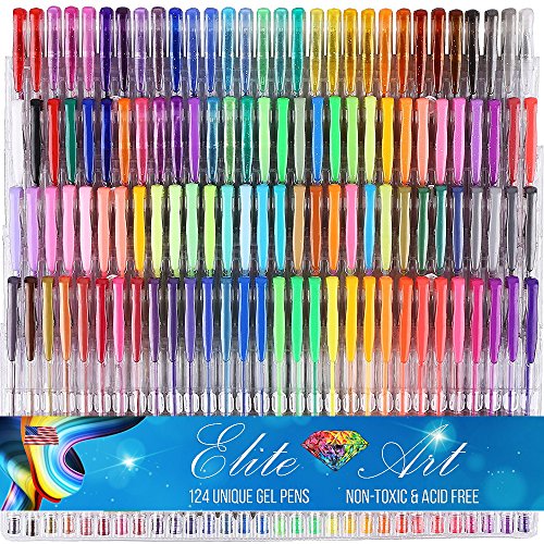 124 (100 + 24 glitter neonglitter Gel Stifte 2,5 x 150% mehr Tinte) einmalige, hochwertige Premium Gelstifte (keine doppelten Farben) Multiset an Farben: Glitzer Metallisch Nein Pastel Standard Kunst Erwachsenen Ausmalbuch Zeichnungen Malbilder Ungiftig Säurefrei