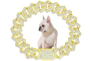 WEIMOMONKEY Gold Dog Chain, Dog Necklace Diamond Dog Collar Bling Dog Cuban Link Collar Glitter Rhinestone Metal Choke, 14mm Wide Pet Jewelry For Puppy XS Small Medium Large Dogs (14inch)