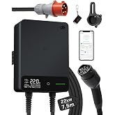 d&eacute; Wallbox 22kW App 7.5 m Type 2, Three-phase Electric Car Charger RFID | 6-32A with LCD, RCD Type A 30mA AC + 6mA DC, IP54 a
