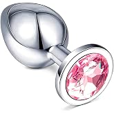 LOVEX&reg; Anal Sex Toys Butt Plug 8.2 cm Paslanmaz &Ccedil;elik Metal Tıka&ccedil; Orta Seviye Boy Krom Anal Seks Plug Pembe Taşlı Large 90 gr