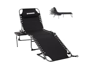 FUNDANGO Sun Lounger 5-Position Adjustable with SideTable heavy duty folding Sun Loungers for Garden Chaise Lounge Chair with Pillow and Side Pocket Sun Bed for Camping Beach Garden Patio Pool