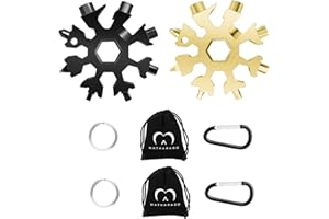 MATHARAGO Schneeflocken-Multitool, 2 Stück 18-in-1-Edelstahl-Schneeflocken-Werkzeug mit Karabinerhaken, Schlüsselanhänger und Aufbewahrungstasche (Schwarz & Gold)