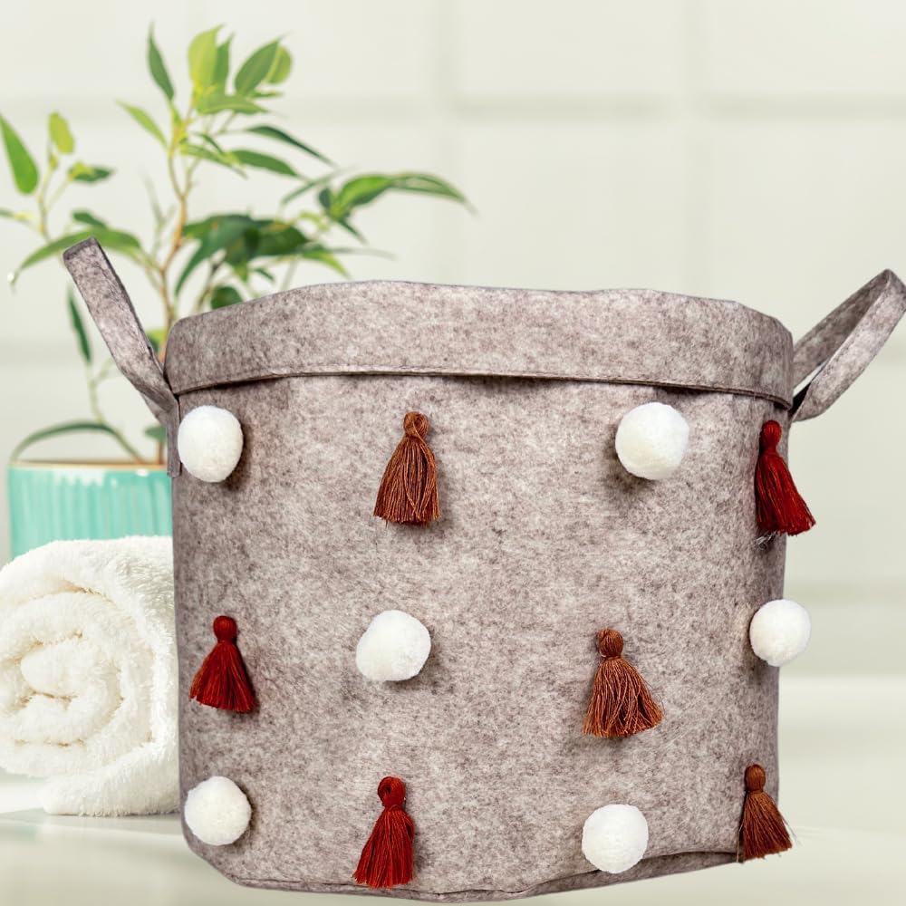 Beylini Keçe Kulplu Yuvarlak Düzenleyici Sepet Çok Amaçlı Saklama Organizer Düzenleyici 27X27X27 cm