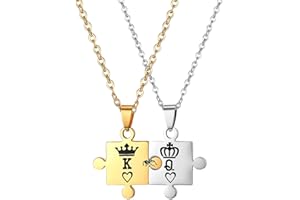 Flongo Collana da Uomo Donna Coppia Fidanzati,King Queen Cuore in Acciaio Inossidabile, Colore Argento Oro, Collana Puzzle Personalizzato