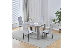 Homullel 110cm Dining Table and 4 Chairs, 4 Seater Kitchen Table and Chairs Set for Space Saving, Compact Dining Room Set for 4, 110x70 cm, Wooden, Beton Grey (4 Seaters, Flannel Grey)
