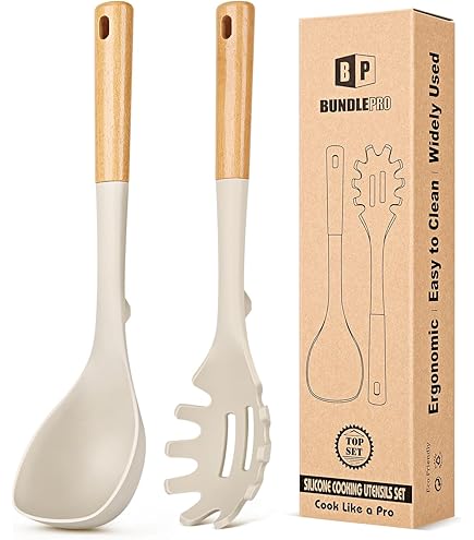 Set Utensili Da Cucina In Silicone - Forchettone E Mestolo Antiaderenti, Resistenti Al Calore 315°C, Colore Khaki