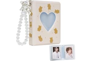 Babyfond 3 Inch Mini Photo Album, 40 Pockets Heart Hollow Card Binder Cartoon Bear Photo Album, Kpop Idols Card Binder with Pearl Bear Hanging chains (Brown Bear)