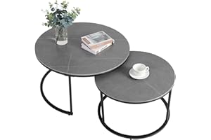 FATIVO Tavolino da Salotto Rotondo: Set 2 Tavolini Sovrapponibili Soggiorno Caffè Moderno Tavolinetto Basso Tondo in Metallo Marmo Pietra Sinterizzata, Grigio, Grande 80cm Piccolo 60cm