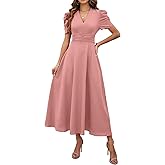 Shasmi Girl's & Women's Solid Color V-Neck A-Line Maxi Dress for Women | New Year Party Outfit | Waist Cinched Puff Sleeve We