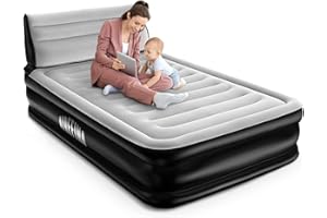 Airefina Colchon Hinchable con Cabecero, Colchón Hinchable con Bomba Integrada, Cómoda Superficie Flocada para Cama de Invitados y Camping, Camas Hinchables de Inflado Rápido - 190 x 137 x 38 cm