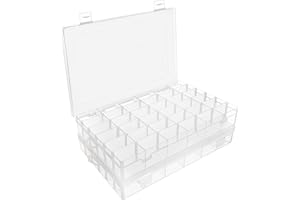 Belle Vous Pack de 2 Caja Almacenaje Plastico Transparente Caja Abalorios 27,3 x 17,6 x 4,3 cm - Caja Organizadora Plastico con 36 Separadores Ajustables – Pendientes, Joyas, Abalorios, Manualidades