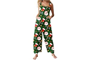 GENERIC Xmas Onesies Christmas Jumpsuit For Women Uk Santa Claus Print Dungarees Snowman Print Tunic Long Overall High Waist Slim Fit Fitness Onsies Romper Wide Leg One Piece Playsuits Romper With Pockets