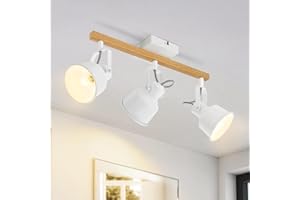 GBLY Plafonnier Spot 3 Flammes Blanc : Plafonnier Vintage Pivotant 350° MAX.25W Douille E14 Spot Bois Industriel Barre pour Salon Chambre Bureau (sans Ampoule)