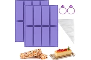 FWHFNB 2 Pezzi Stampi da forno per barrette di cereali,Stampo Rettangolare in Silicone a 8 Cavità,con 100 sac à poche usa e getta,senza BPA,per barrette di cereali,Torrone,Cioccolato,Torte (Viola chiaro)