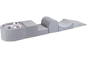 MEOWBABY Spielplatz Aus Schaumstoff mit Bällebad 200x45cm/100 Bälle Hindernisläufen für Kinder Baby Schaumspielset Hellgrau: Grau/Weiß/Pastellrosa