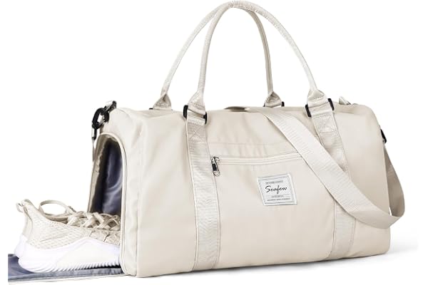 HYC00 Sac de Sport Femme Homme Sac de Gym avec Compartiment de Chaussures et Poche Humide,Sacs de Voyage Weekend Duffle Bag Cabas de Fitness Sports Gym Bag Sacs Polochons Hôpital Holdall,Blanc Laiteux