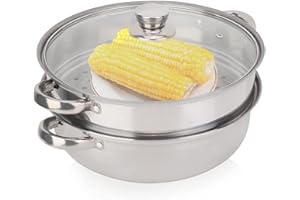 CYRANK Olla Al Vapor De Doble Capa Para Cocinar, Olla Al Vapor De Verduras De 28 Centímetros, Olla Al Vapor De Acero Inoxidable, Olla Al Vapor De Vidrio Con Tapa De Albóndigas De Verduras