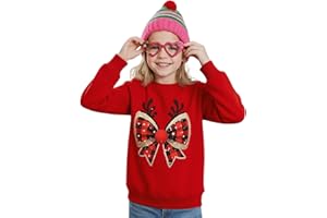 Momkonzz Kids Christmas Jumper for Toddler Girls Xmas Sweatshirts Tween Shinny Bow Antler Print Pullover Top Cotton 3-12Y