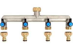 OPERMAXER 4-Wege Wasserhahn Wasserverteiler aus Messing für 4 Geräte/Gartenschläuche, 4er Verteiler 3/4" Adapter 1/2" mit Kugelhahn zum Einstellen und Absperren des Wasserflusses
