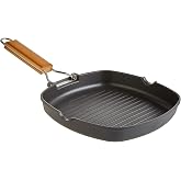 WECOOK! Ecostone Grill Induction Grill Stripes 7.9 x 20 cm, Non-stick ILAG PFOA-free, Cast Aluminum, 5 mm Thick, Folding Wood