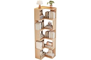 JFOZDM 5 Niveles Estantería Esquinera, Madera Libreria Estanteria, Estanterias para Libros, Ahorra Espacio, Estantería en Forma de L para Sala de Estar, Dormitorio, Oficina, Color de la Madera