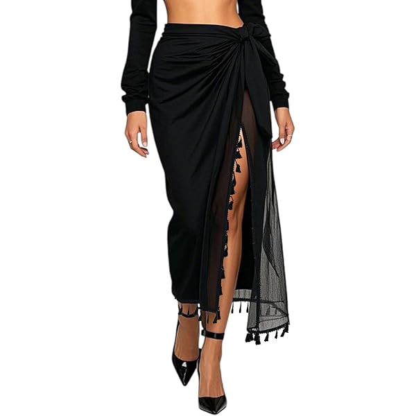 Chiffon sarong dames pareo wikkelrok strandjurk wikkeldoek strand kort wrap bikini rok zwart wit, zwart, One size