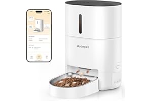DUDUPET Distributeur Croquettes Chat Automatique- 4L télécommande WiFi 2.4G, Double Alimentation, Enregistrement Vocal 10 Secondes, Bol en Acier Inoxydable, Convient aux Chats et aux Petits Chiens