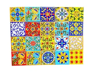 Saliha's Ceramic Pottery Floral Ethnic Interior Exterior Crafted Tabletop Flooring Wall Ceramic Tiles for Furniture (50, 4x4 inches)