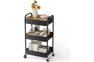 Shrivee Carrito con Ruedas de 3 Niveles con Mesa, Carrito de Servir, Carrito Multiusos de Metal, Estante con Ruedas, Organizador, Estante de Cocina, Carrito Multiusos Estable para Cocina(Negro)