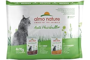 almo nature Functional Anti Hairball Multipack Complete Wet Cat Food -3 pouches with Beef/3 pouches with Chicken, (pack of 6 pouches x70g)