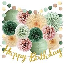 Decorazioni Di Compleanno Verde Salvia E Pesca, Pompon Di Carta