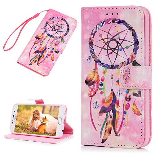 Lanveni S6 Hülle, Handyhülle für Flip Case Cover PU Lederhülle Schutzhülle Magnetverschluss Ledertasche mit Stander Function Brieftasche Card Slot Handy Tasche mit Feder-Windspiele Cover Design für Samsung Galaxy S6 + 1 x Stylus Stift + 1 x Staubdichte Stecker - 2