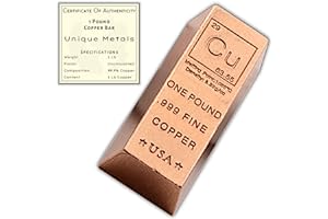 1 Pound Copper Bar Ingot Paperweight - 999 Pure Chemistry Element Design with Certificate of Authenticity by Unique Metals