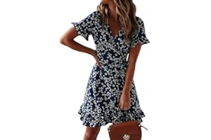 CheChury Mujeres Casual Verano Vestidos 2024 Moda Gasa Cuello en V Magas Cortas Estampado Floral Vacaciones Vestido Elegante Bohemio Vestido de Playa