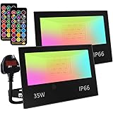 Bhochy LED Floodlight Outdoor 35W, Colour Changing Flood Lights with Remote Control, Timing, 4 Modes, IP66 Waterproof, UK 3-P